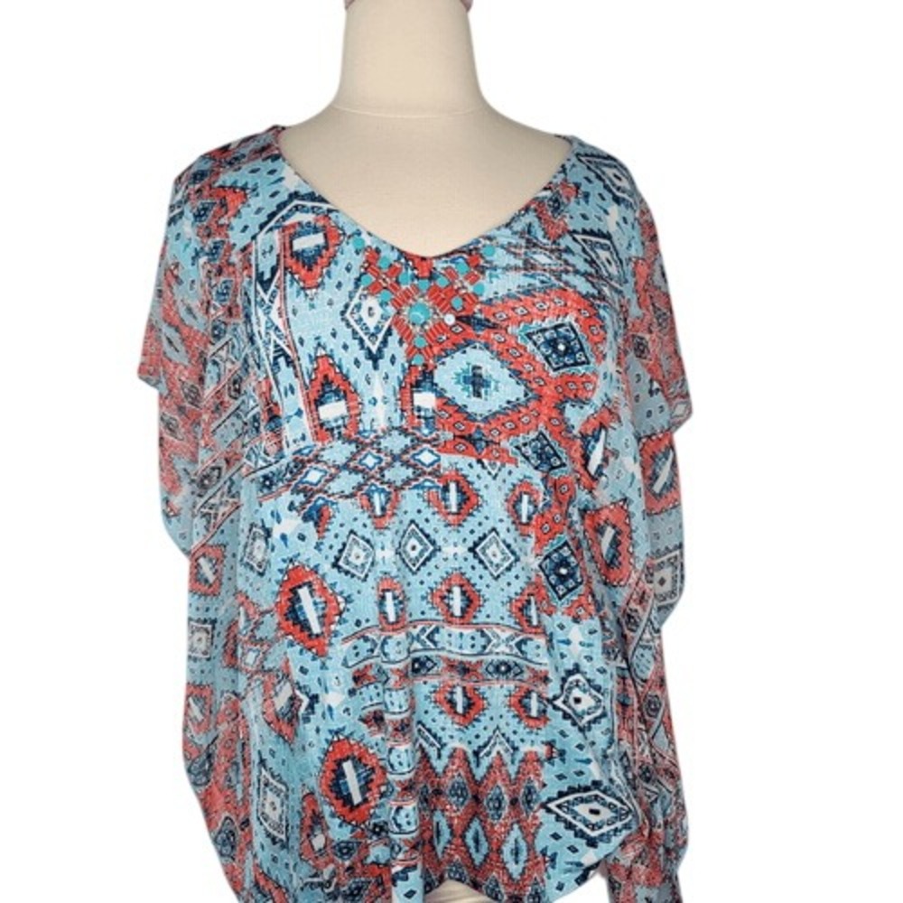 Ruby Rd Red & Blue Embellished V-Neck‎ Top - Picture 2 of 11